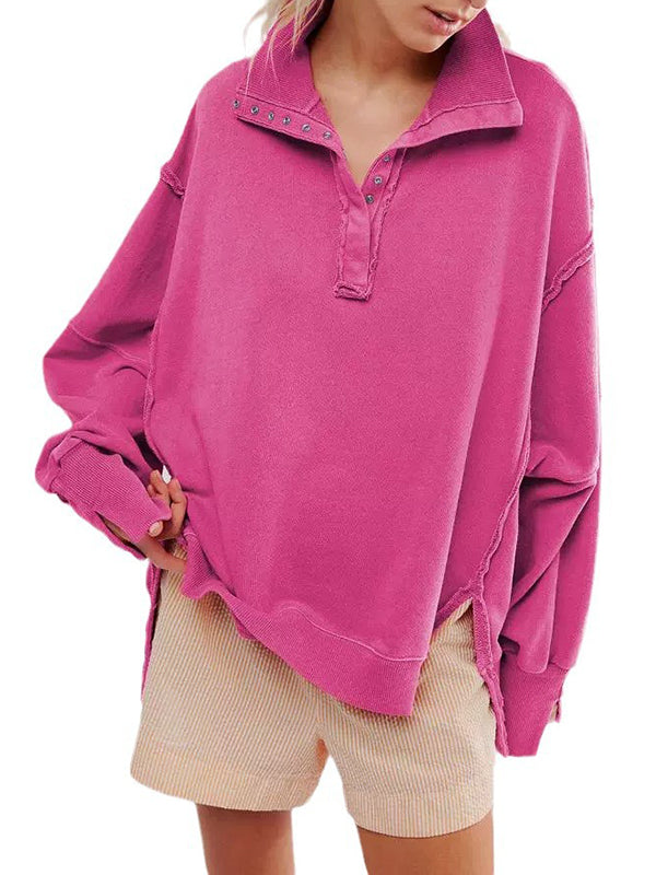 Long Sleeves Loose Buttoned Solid Color Split-Front Lapel Sweatshirt Tops