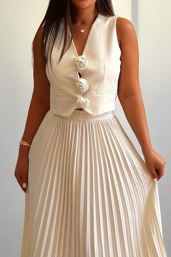 Stylish Rosette Sleeveless Tank Blouse & Pleated Maxi Skirt Set