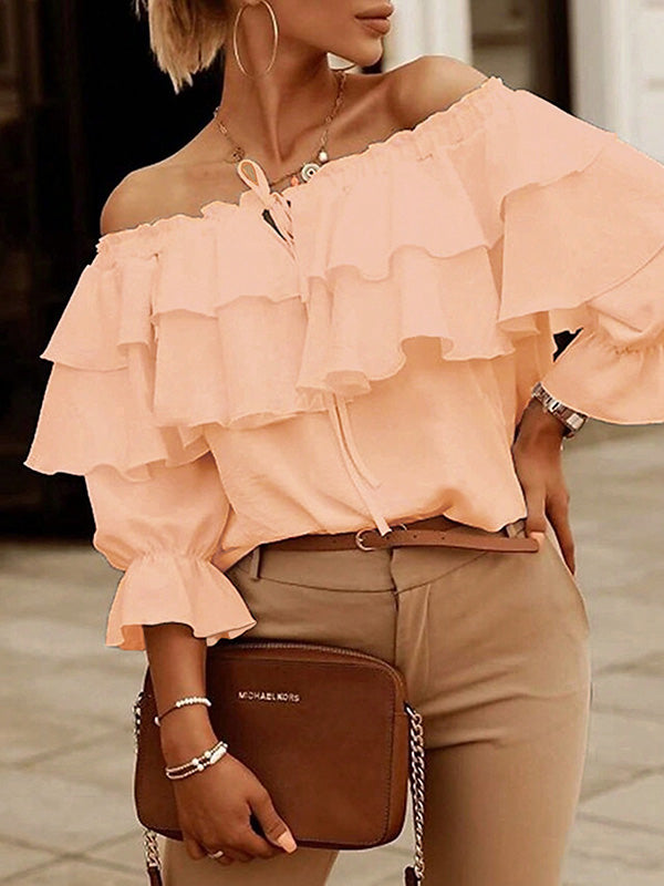 Long Sleeves Loose Layered Pleated Solid Color Split-Joint Tied Off-The-Shoulder Blouses&Shirts Tops