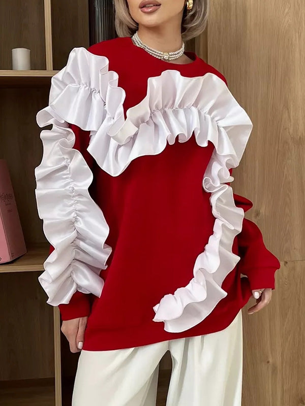 Long Sleeves Loose Contrast Color Ruffle Trim Split-Joint Velvet Round-Neck Sweatshirt Tops