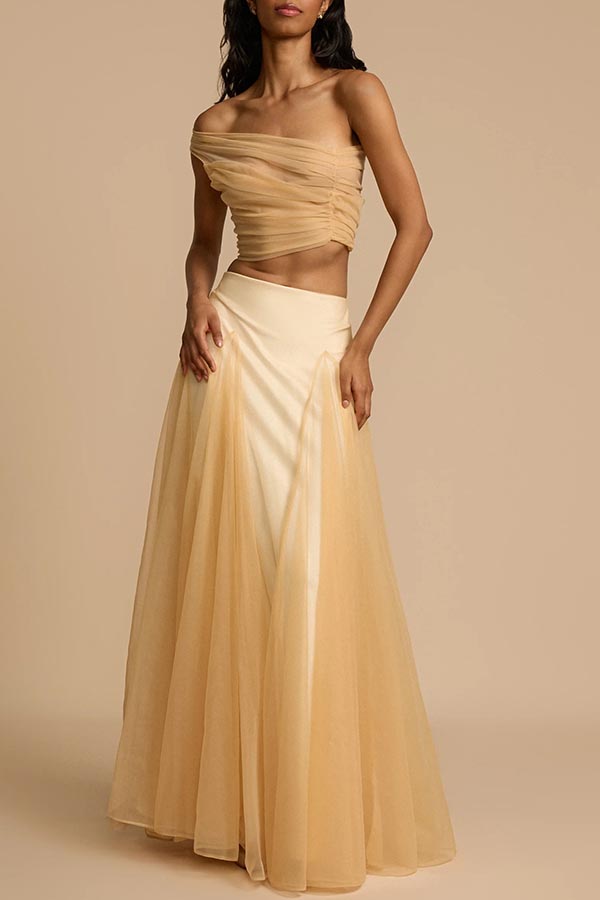 Romance Factor Satin Patchwork Tulle High-waisted Elastic Waist A-line Maxi Skirt