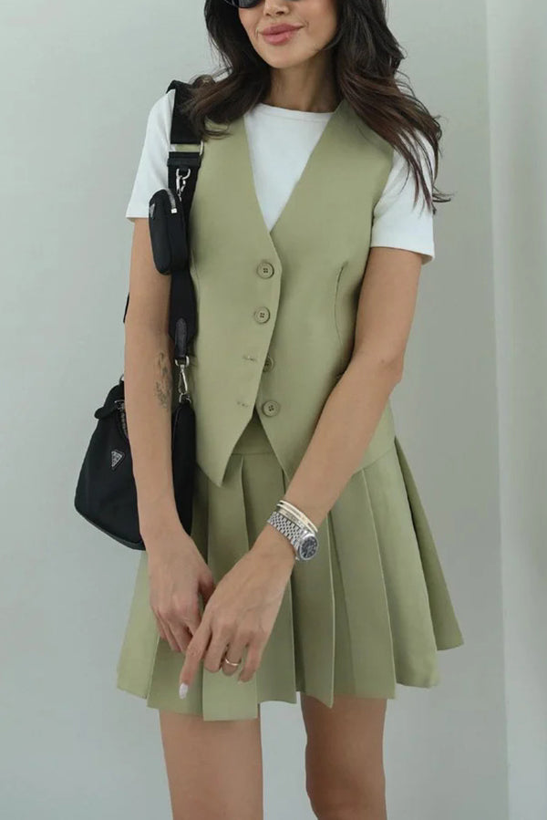 Solid Color Sleeveless Buttoned Vest and High-waisted Pleated Mini Skirt Set