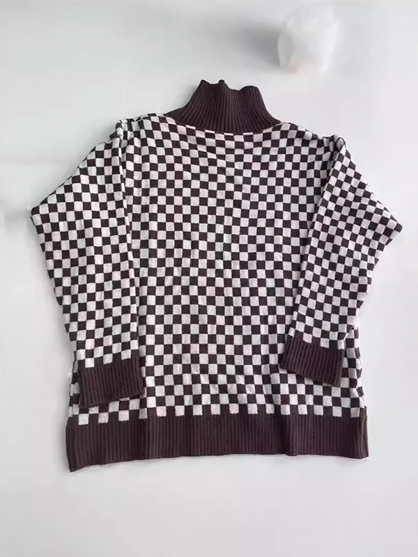 Long Sleeves Loose Contrast Color Plaid High Neck Pullovers Sweater Tops