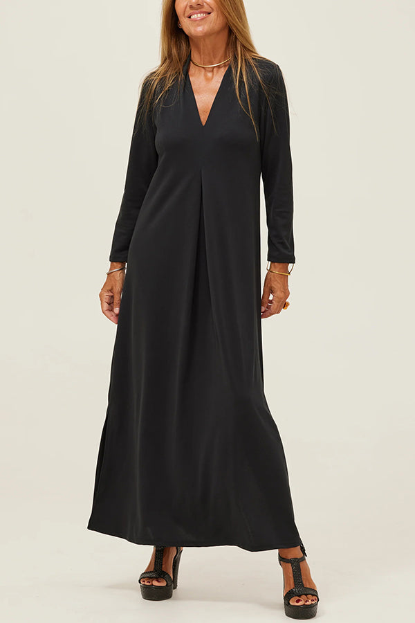 Solid Color V-neck Casual Slit Maxi Dress