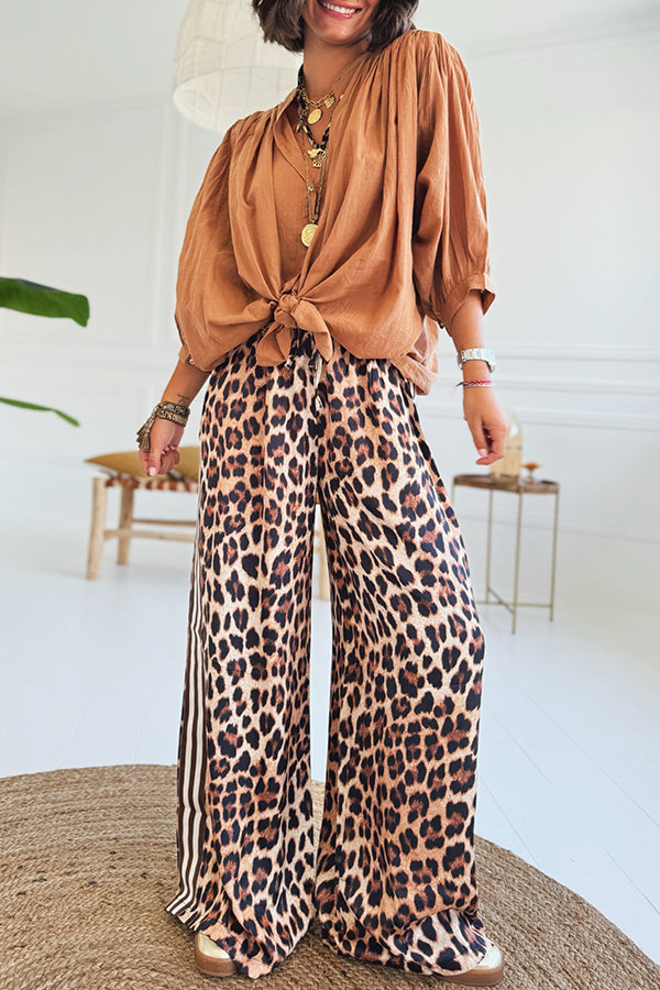 Wild and Sporty Style Striped Leopard Print Elastic Waist Pocket Loose Pants