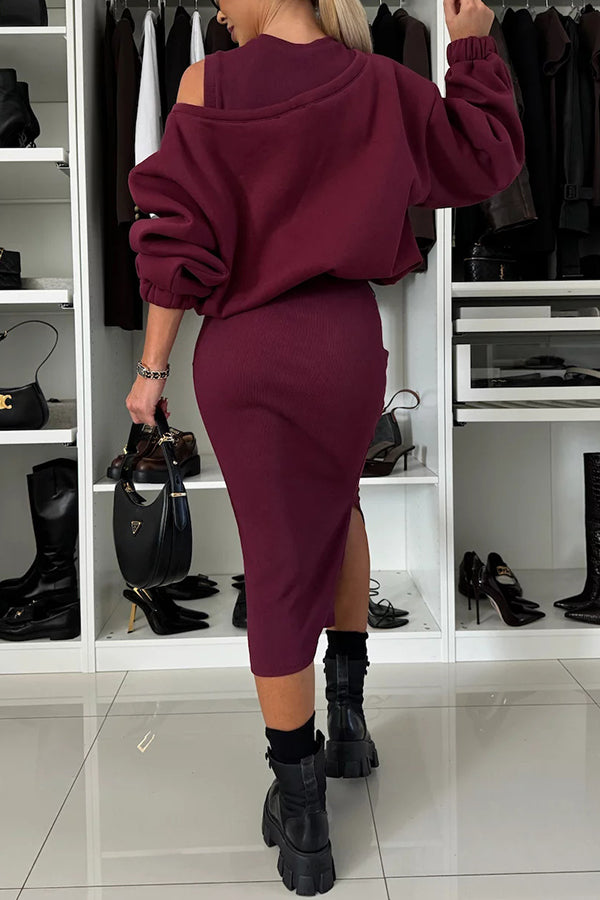 Lifestyle Wide Neck Relaxed Sweatshirt & Ribbed Tank Flexible Midi Dress Set