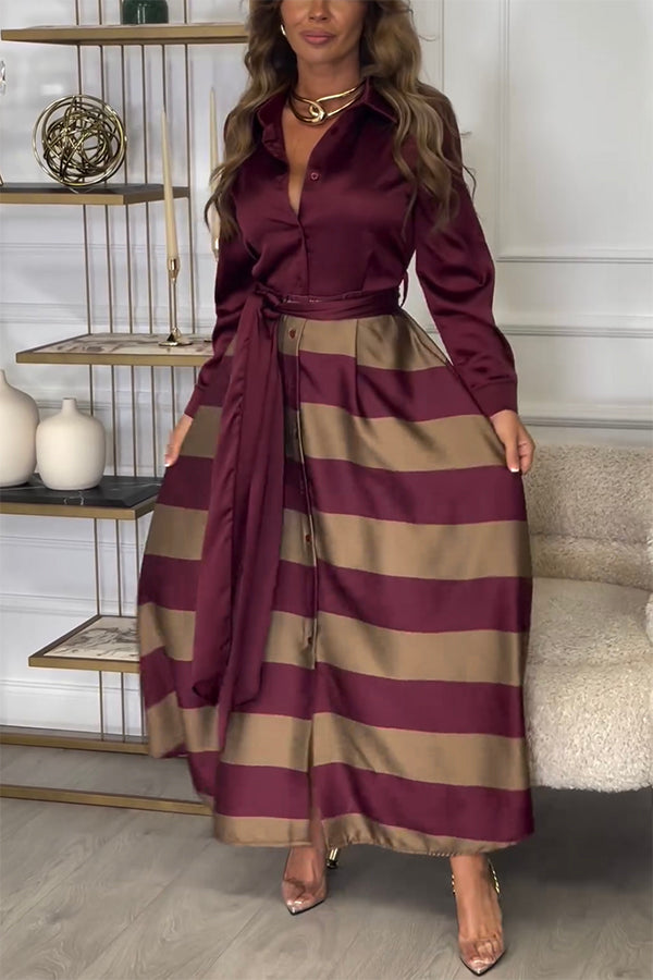 Lindsey Satin Colorblock Contrast Long Sleeve Belted Shirt Maxi Dress