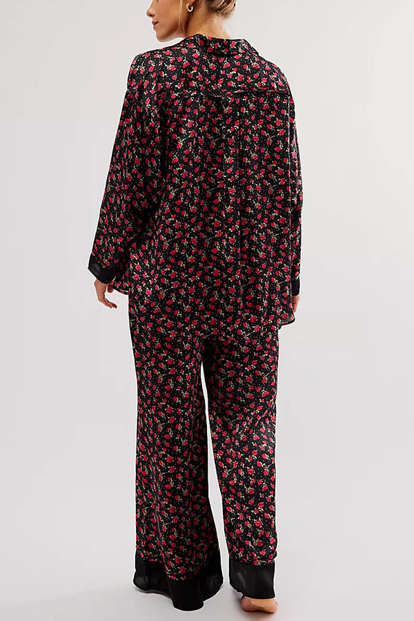 Unique Printed Lounge Long-sleeved Shirt and Elastic Waisted Baggy Pants Set