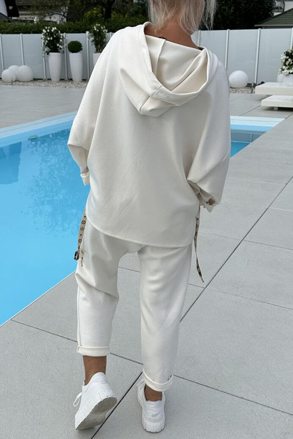 Plain Loose Hooded Sweatshirt & Elastic Waist Pockets Pants Set