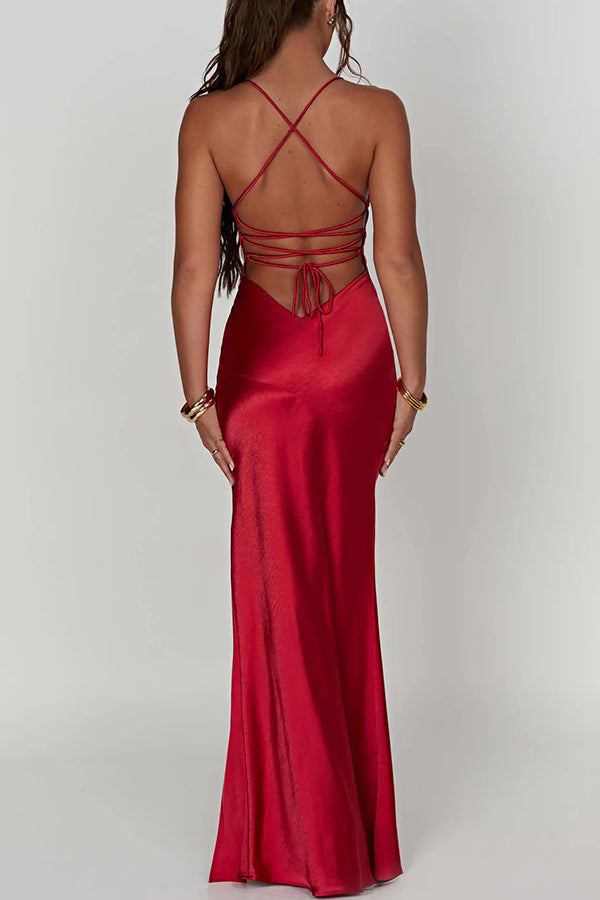 Satin Solid Color Sexy Backless Lace Up High Slit Maxi Dress