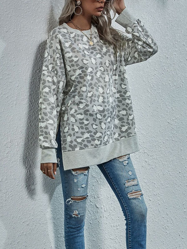 Long Sleeves Loose Leopard Split-Joint Split-Side Round-Neck Sweatshirt Tops