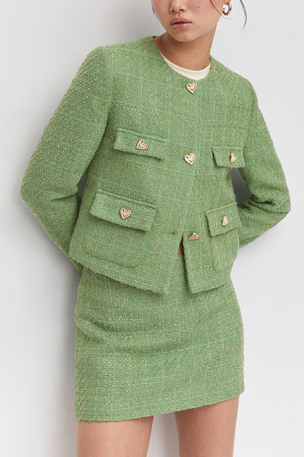 Stylish Tweed Love Buttoned Long Sleeve Soft Pockets Jacket