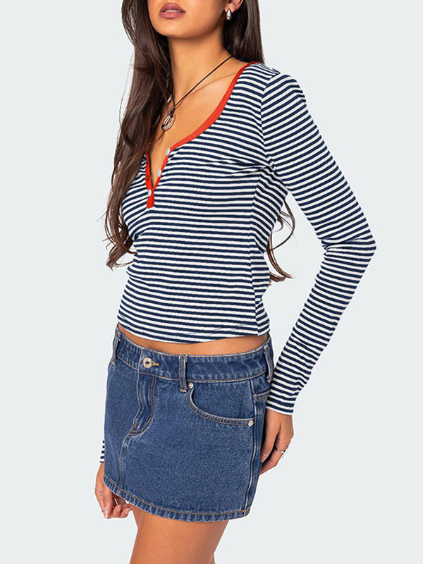 Long Sleeves Skinny Buttoned Contrast Color Striped V-Neck T-Shirts Tops