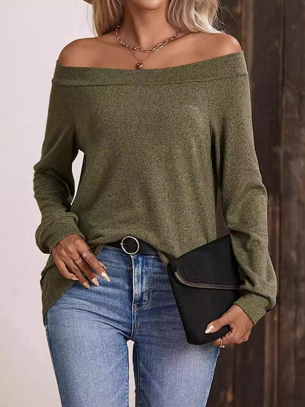 Long Sleeves Loose Solid Color Split-Joint Off-The-Shoulder T-Shirts Tops