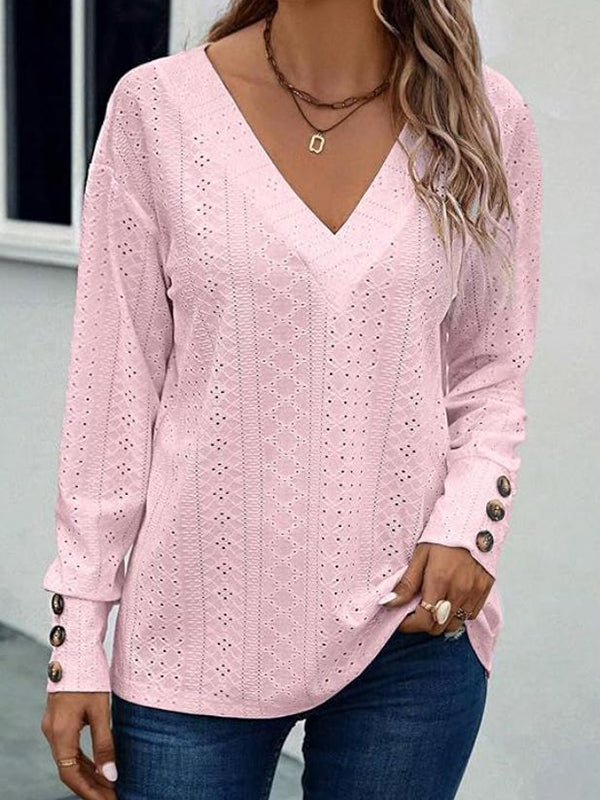 Long Sleeves Loose Buttoned Solid Color V-Neck T-Shirts Tops