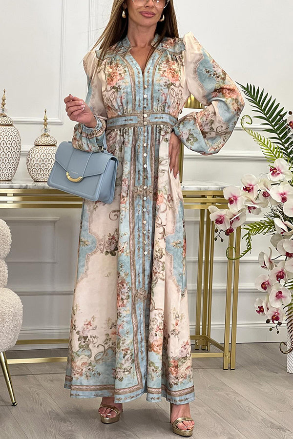 Fresh Pickings Floral Bohemian Print Balloon Sleeve Button Up Maxi Dress