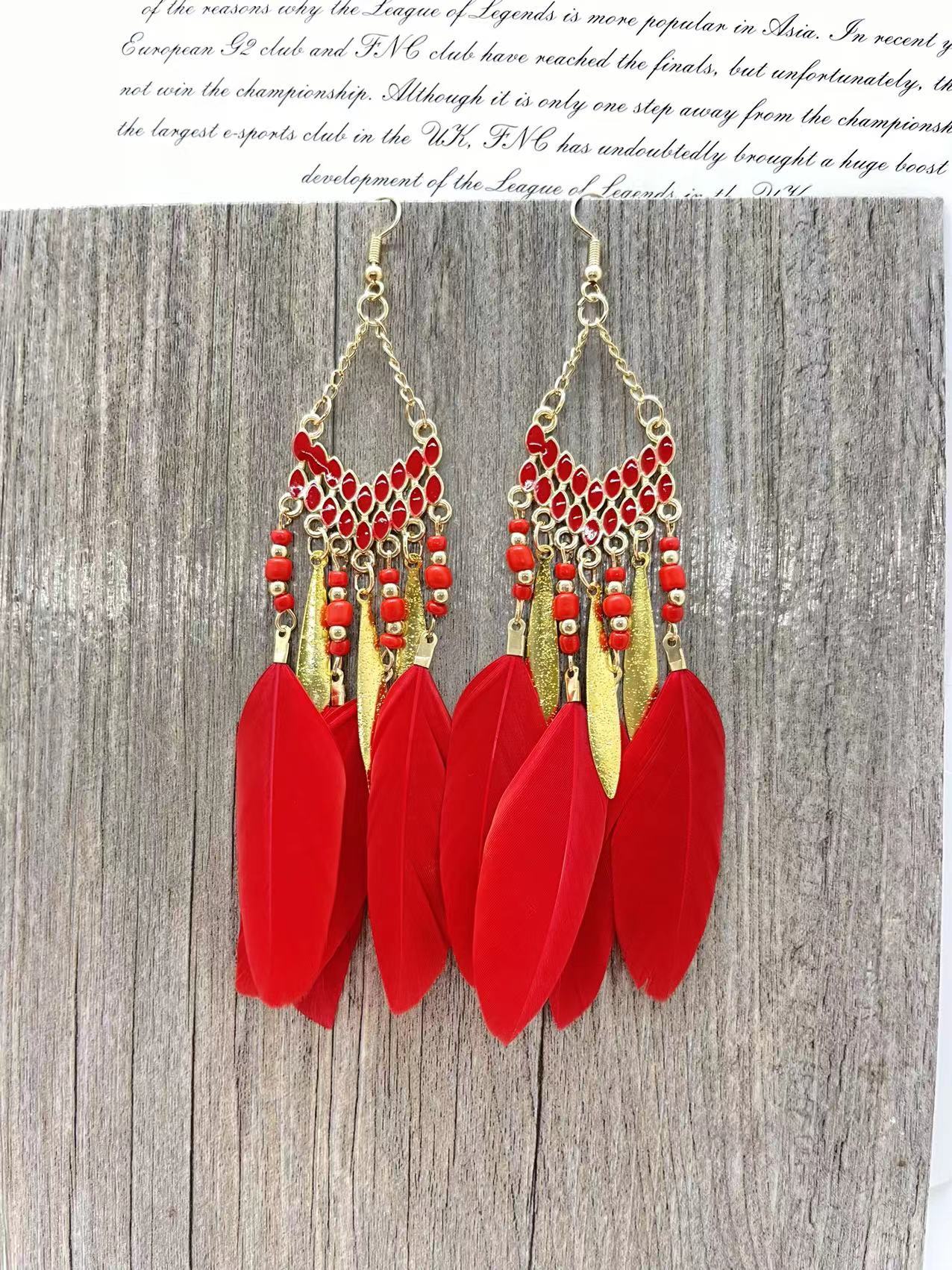 Vintage chain tassel bohemian feather earrings