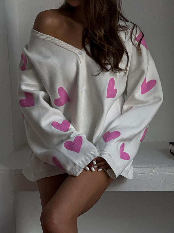 Long Sleeves Loose Heart Print Split-Joint V-Neck Cardigan Tops