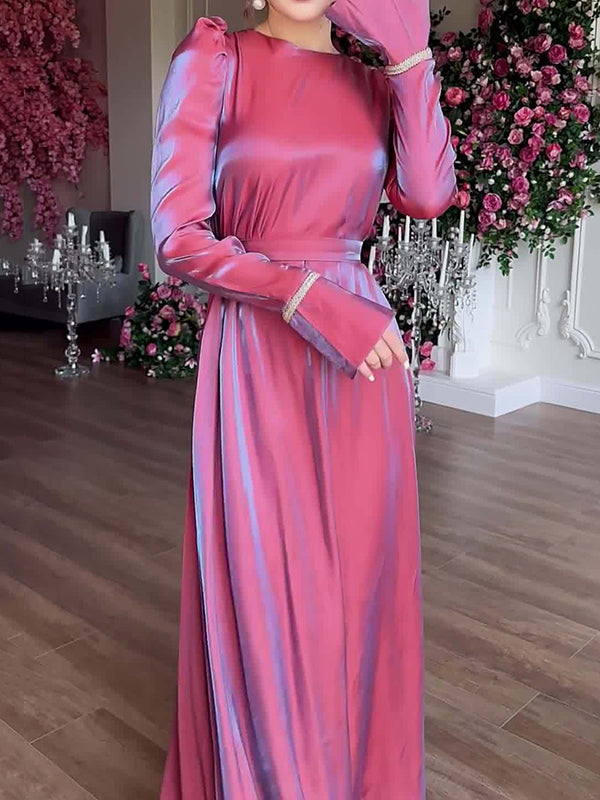 A-Line Long Sleeves Pleated Solid Color Tied Waist Zipper Round-Neck Maxi Dresses