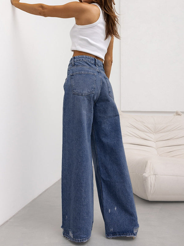 Loose Wide Leg Ripped Split-Joint Jean Pants Bottoms