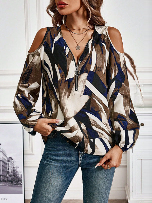 Long Sleeves Loose Printed Zipper Cold Shoulder T-Shirts Tops