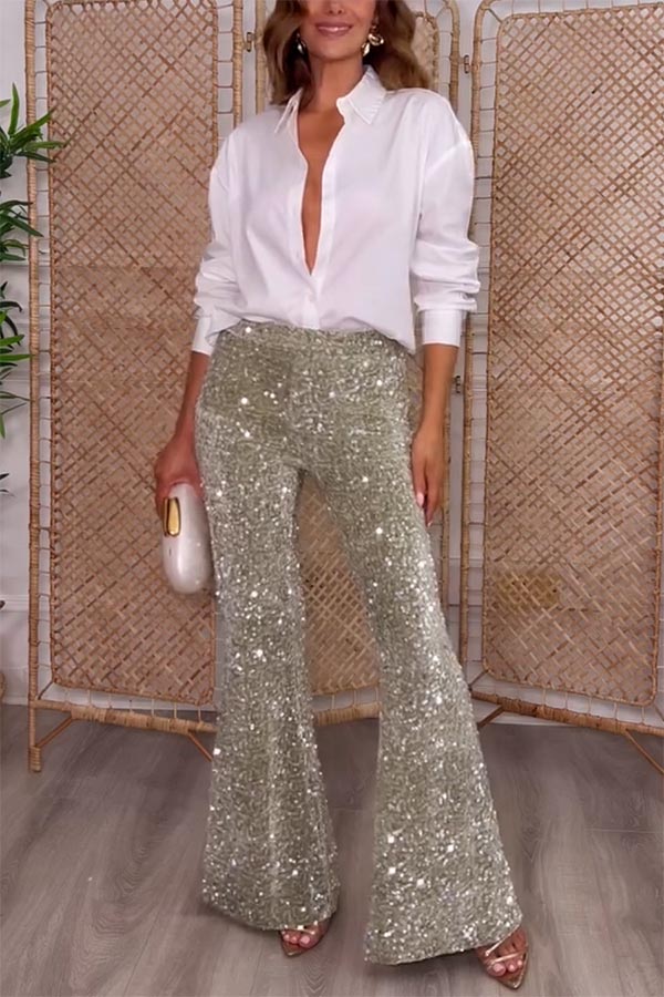 Promise You A Party Sequin High-waisted Elastic Waist Flare Pants