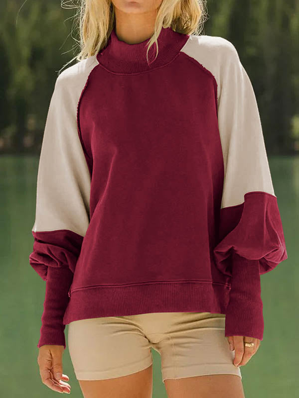 Long Sleeves Loose Contrast Color Pleated Split-Joint Round-Neck Sweatshirt Tops