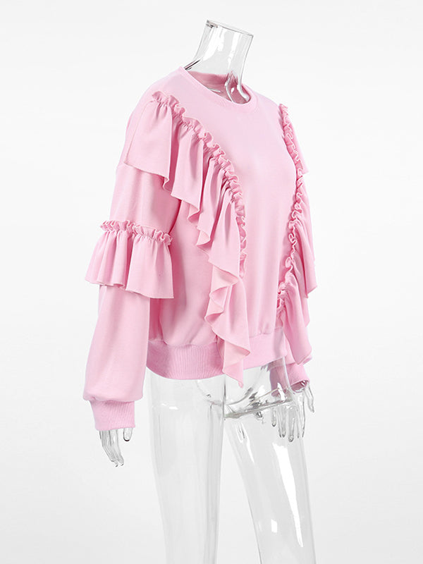 Long Sleeves Loose Ruffle Trim Solid Color Split-Joint Round-Neck Sweatshirt Tops