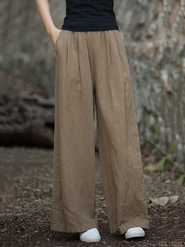 Loose Wide Leg Elasticity Pleated Pockets Solid Color Pants Trousers