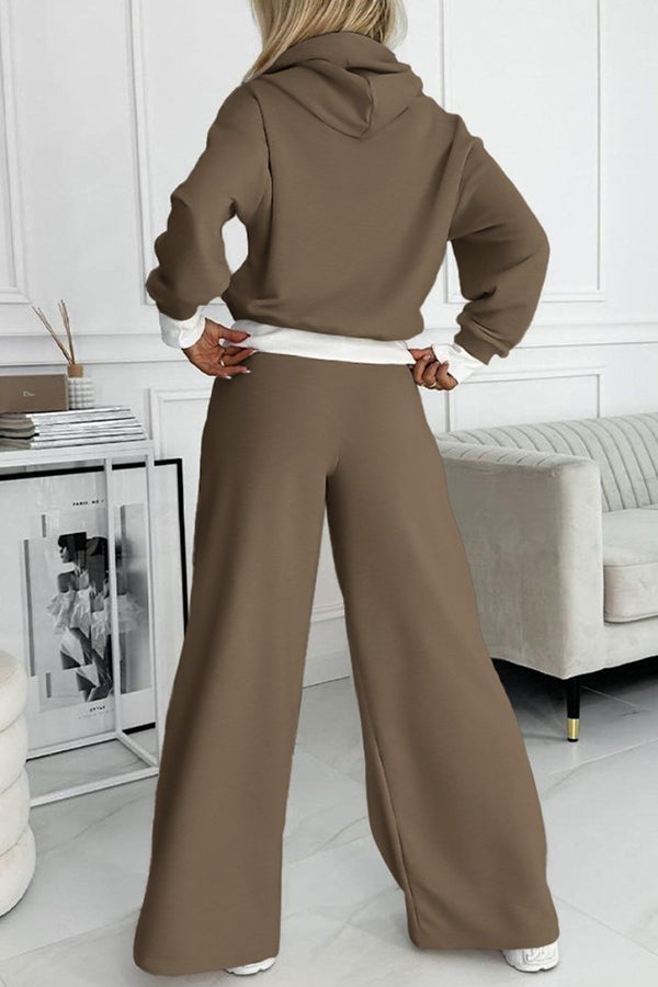 Stylish Patchwork Hooded Sweatshirt and Elastic Waist Tie Pockets Wide Leg Pants Set