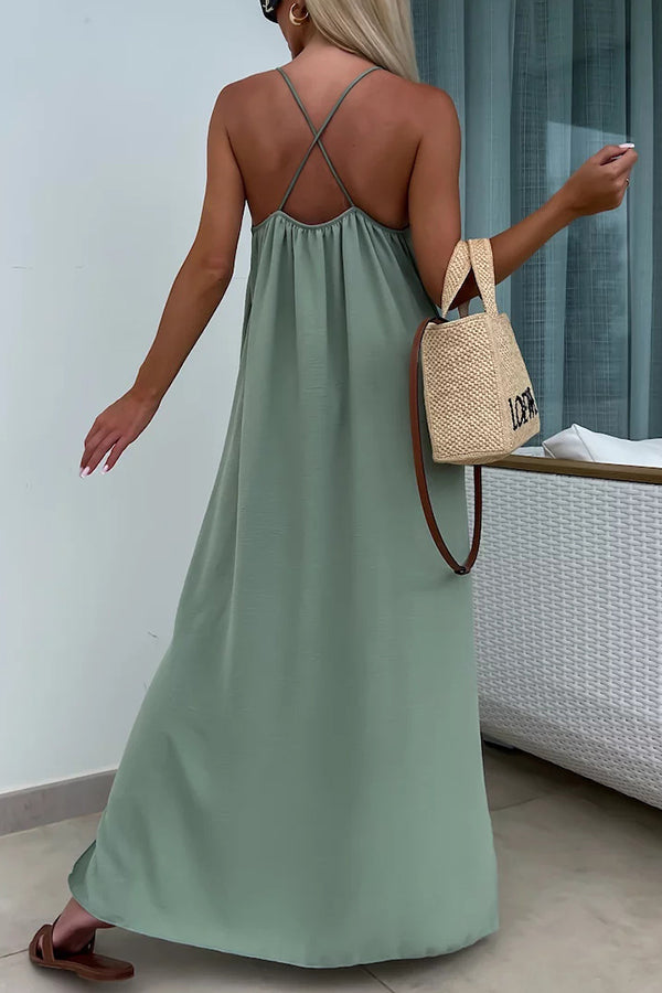 Solid Color Resort Style Spaghetti Strap Backless Maxi Dress