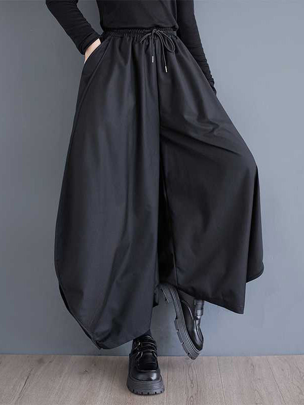 High Waisted Loose Drawstring Elasticity Pockets Solid Color Culotte Pants