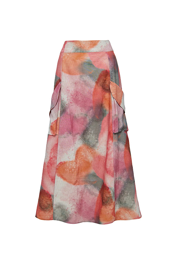 Laylin Wide Sleeve Shirt and Watercolor Print High Waist Drape Pockets Maxi Skirt Set