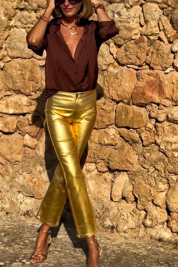 Golden Years Metallic Fabric Mid-Rise Pocketed Stretch Pants