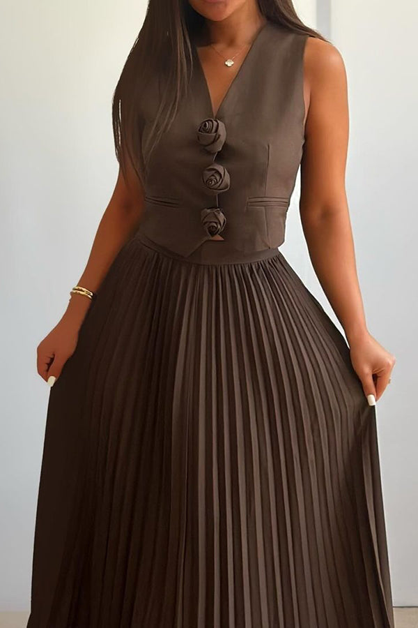 Stylish Rosette Sleeveless Tank Blouse & Pleated Maxi Skirt Set