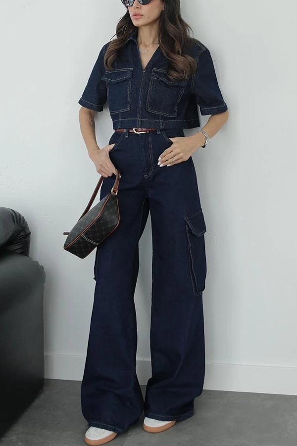 Free Breeze Denim High-waisted Pocketsed Wide Leg Cargo Jeans