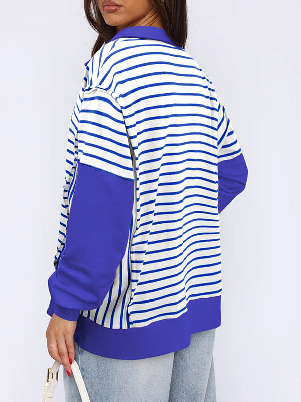 Long Sleeves Loose Contrast Color Split-Joint Striped V-Neck Sweatshirt Tops