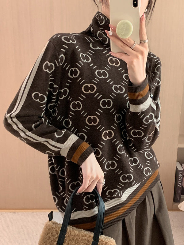 Long Sleeves Loose Contrast Color High Neck Pullovers Sweater Tops