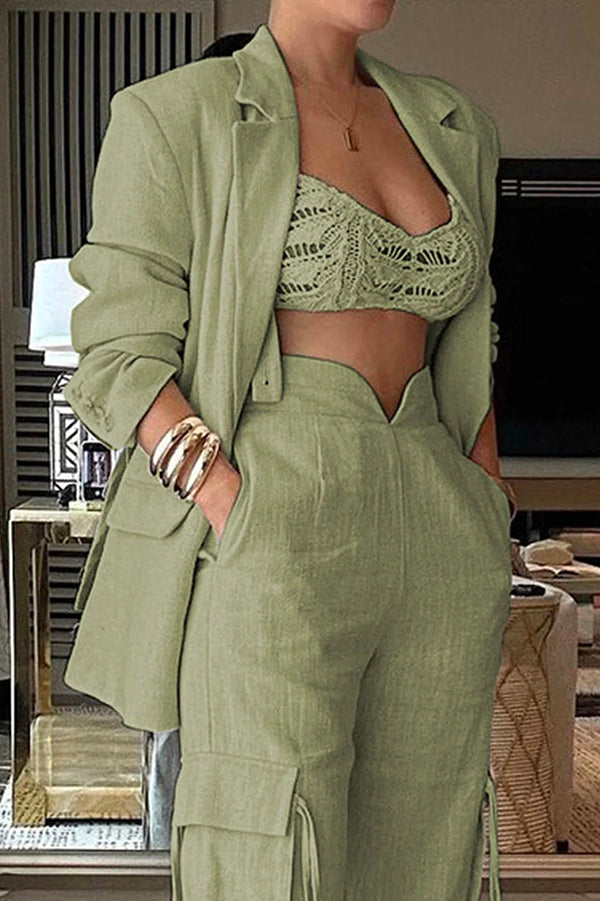 Stylish Lapel Long Sleeve Loose Jacket and Casual Pocket Lace-up Straight Leg Pants Set