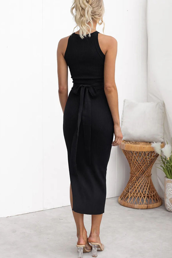 Serene Ribbed Knit Colorblock Back Tie-up Slit Stretch Midi Dress