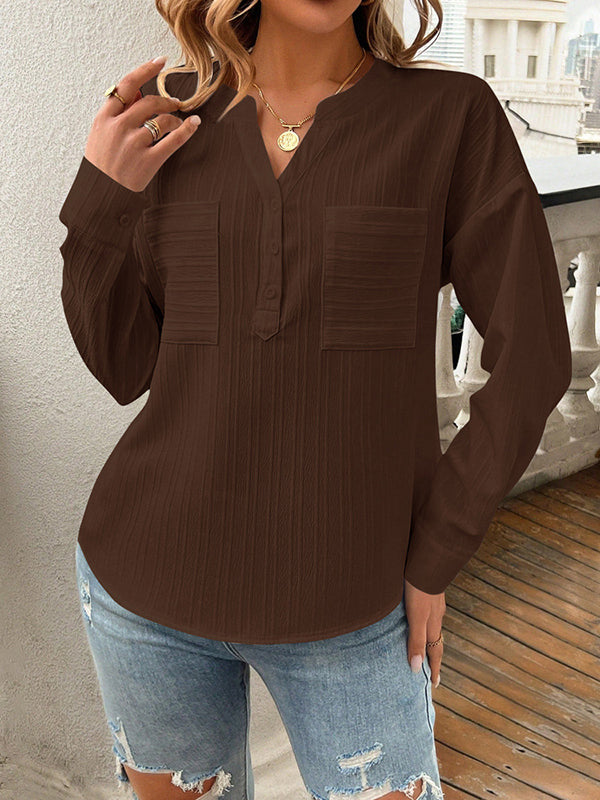 Long Sleeves Loose Buttoned Pockets Solid Color V-Neck Blouses&Shirts Tops