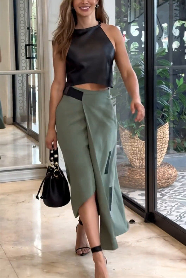 Stylish Cropped Sleeveless Top and Pockets Irregular Hem Skirt Set