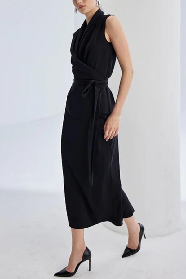 Calvi Ruched Neck Wrap Tie-up Blouse and High-waisted Slit Pencil Maxi Skirt Set