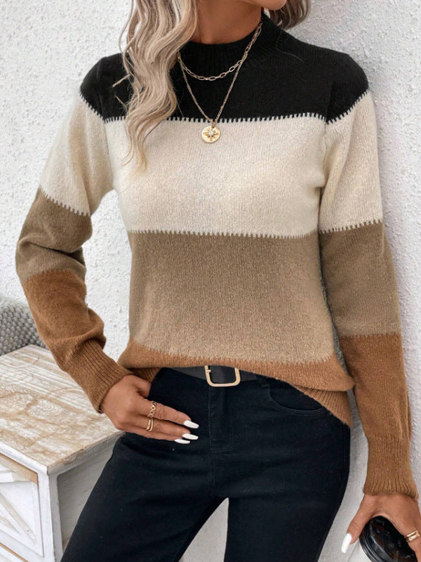 Long Sleeves Contrast Color Round-Neck Pullovers Sweater Tops