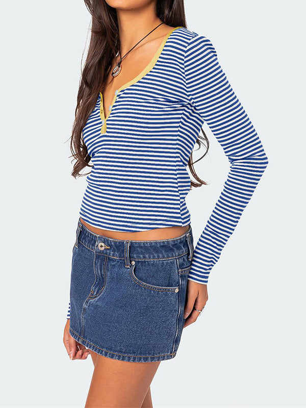 Long Sleeves Skinny Buttoned Contrast Color Striped V-Neck T-Shirts Tops