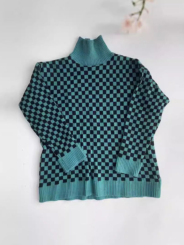 Long Sleeves Loose Contrast Color Plaid High Neck Pullovers Sweater Tops