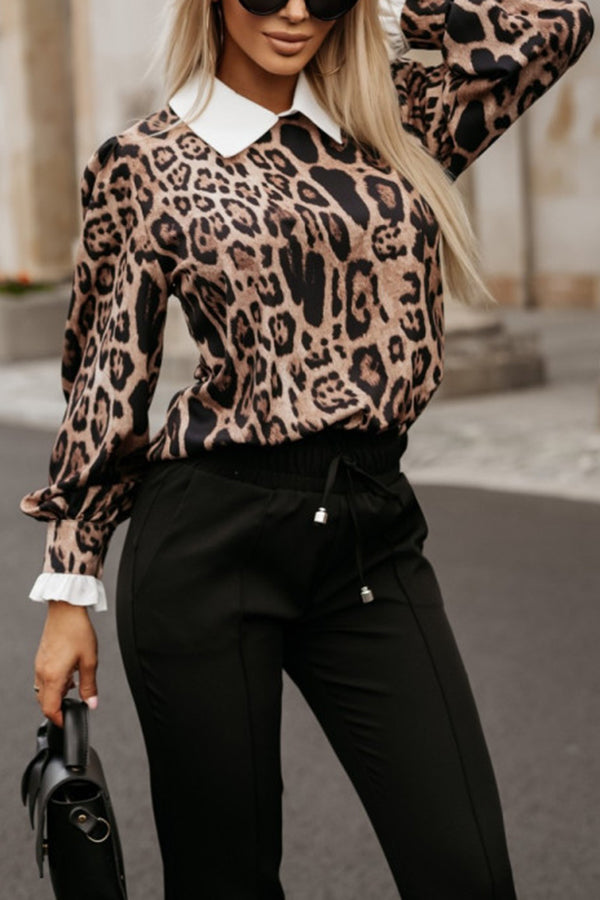 Leopard Print Lapel Long Sleeve Casual Shirt