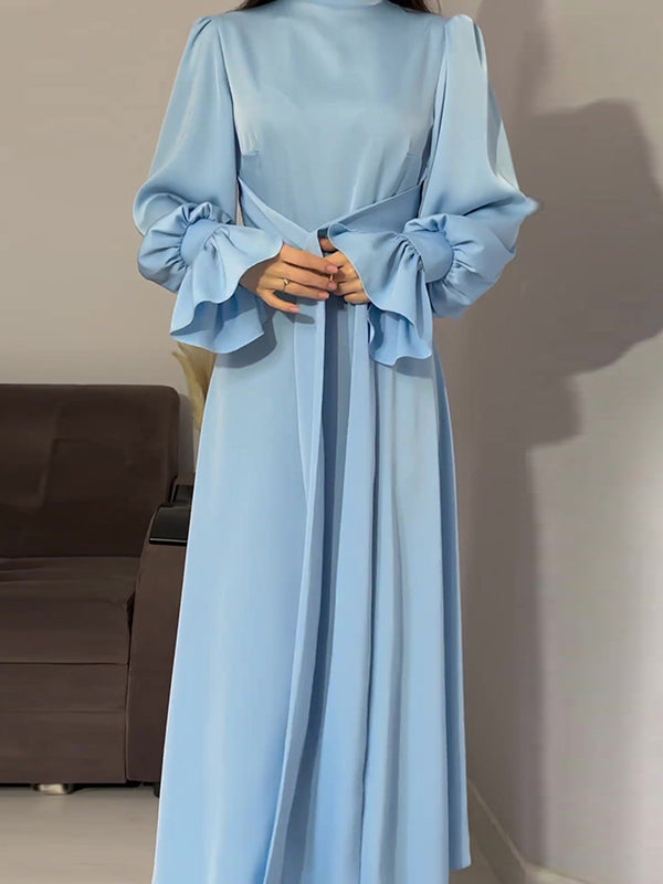 A-Line Long Sleeves Pleated Solid Color Tied Waist Zipper Mock Neck Maxi Dresses