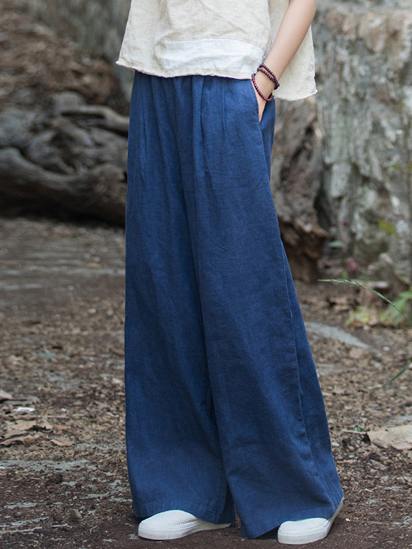 Loose Wide Leg Elasticity Pleated Pockets Solid Color Pants Trousers