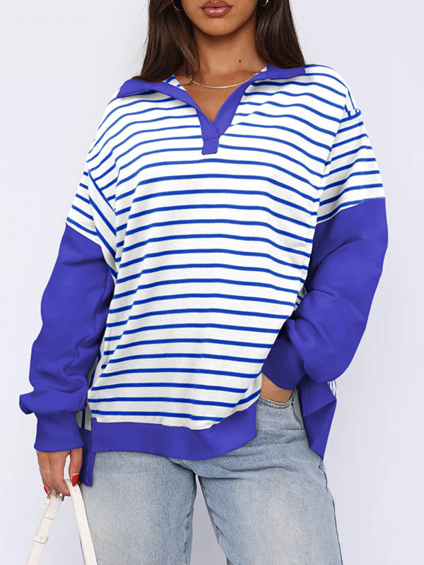 Long Sleeves Loose Contrast Color Split-Joint Striped V-Neck Sweatshirt Tops